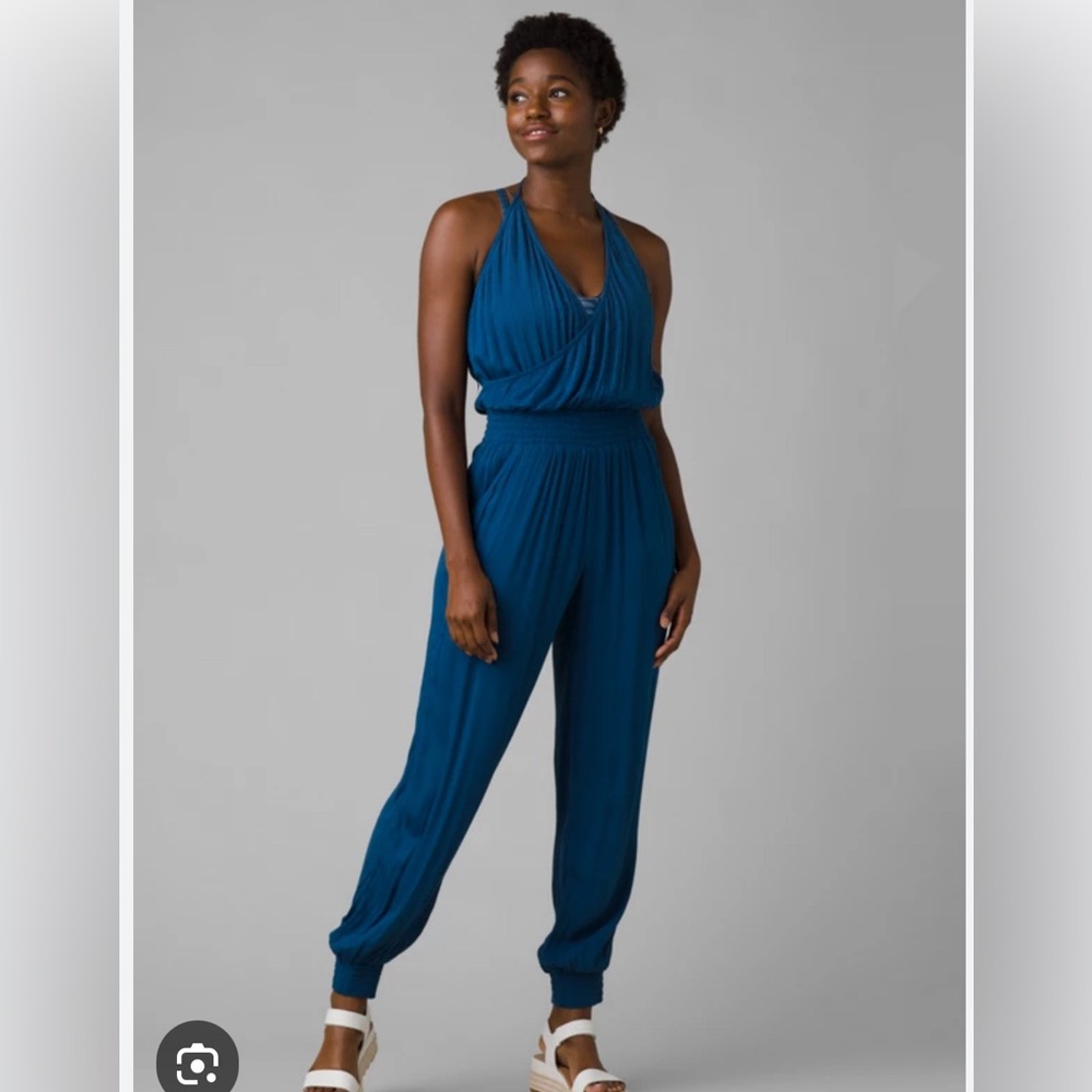 PrAna Fernie Navy Jumpsuit NWT Lightweight 100% Tencel Modal Halter Back Sz L